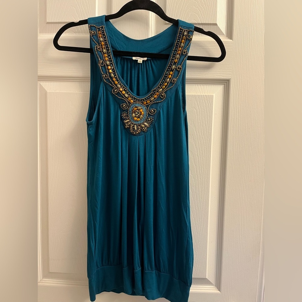 Studio Y Women’s Teal Beaded Sleeveless Top Small